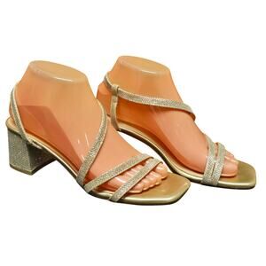 IDIFU Gold Rhinestone Strappy Block Open Toe High Heel Dress Sandals